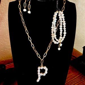 "P" or "B" Faux Pearl Gold tone Necklace, Bracelets, Earrings and Ring Set,OOAK